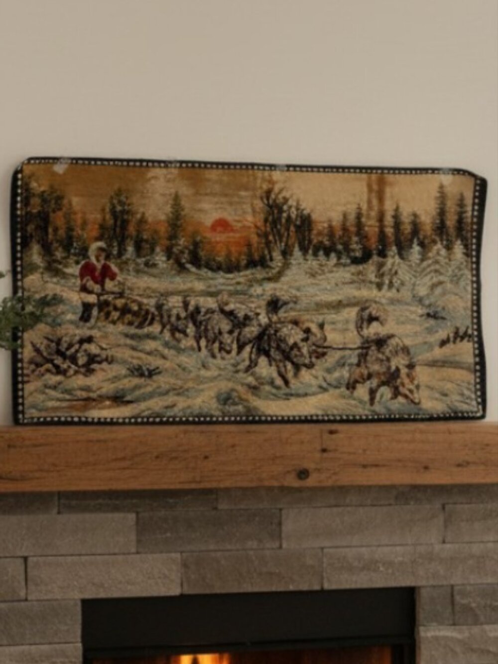 VINTAGE TAPESTRY -- Alaskan, Woven Wall Hanging, Dog Sled Winter Scene, 1960's